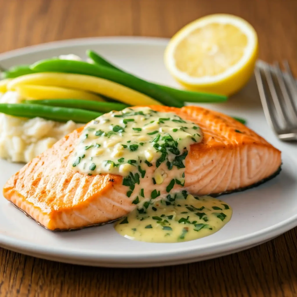 A plate of salmon topped with a lemon-garlic sauce, accompanied by mashed potatoes and green beans. A half-lemon is also present.