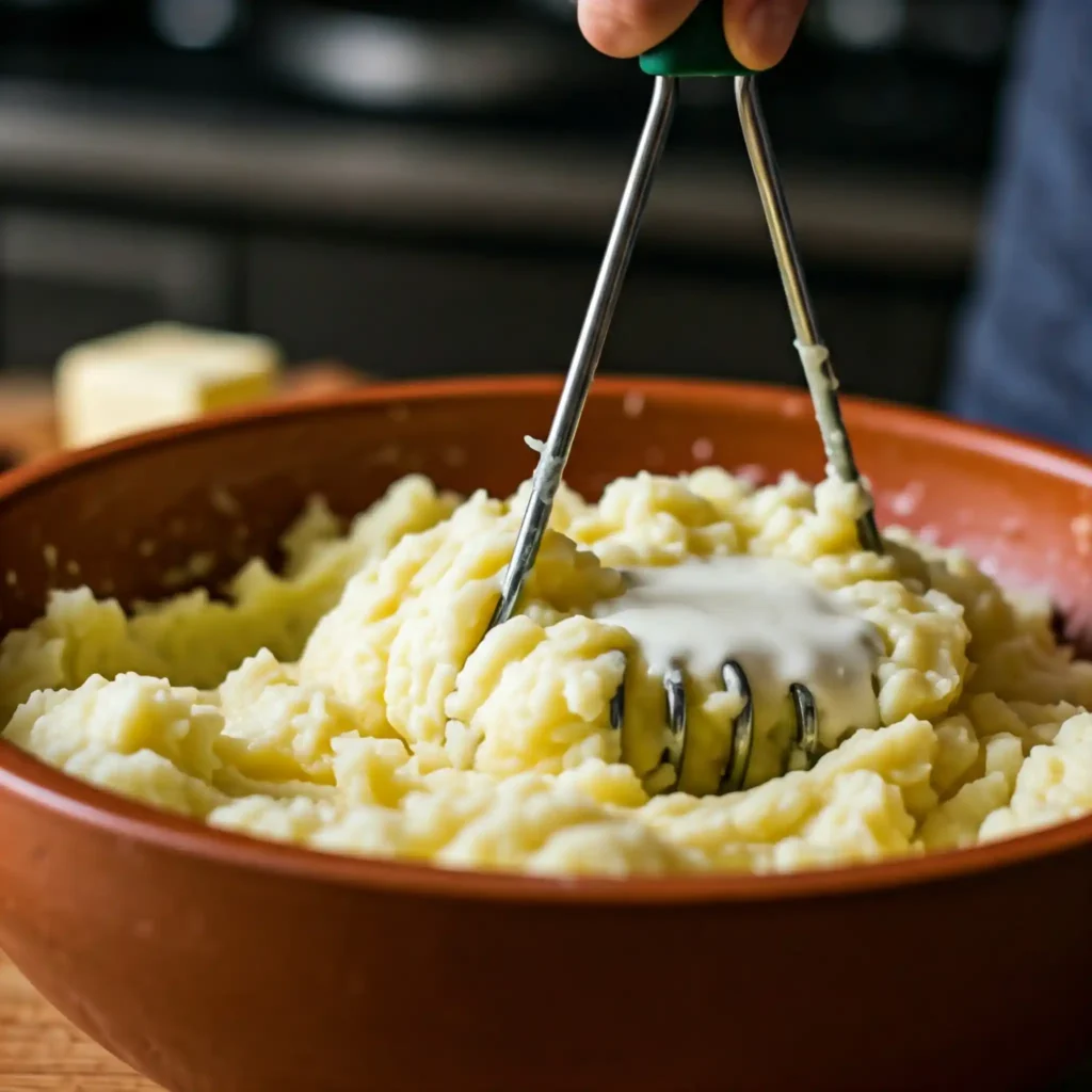 Mash: Drain the potatoes, then grab your trusty masher (or a ricer for the ultimate smoothness). Add butter and cream, and mash away!