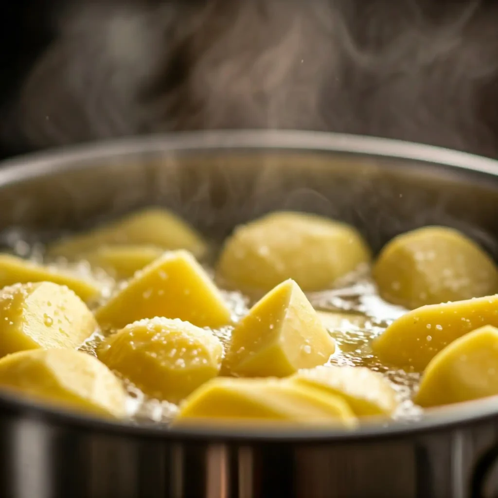 Boil: Peel and chop your potatoes into chunks (the smaller they are, the faster they cook!). Toss them into a pot of salted boiling water and cook until fork-tender—about 15-20 minutes.