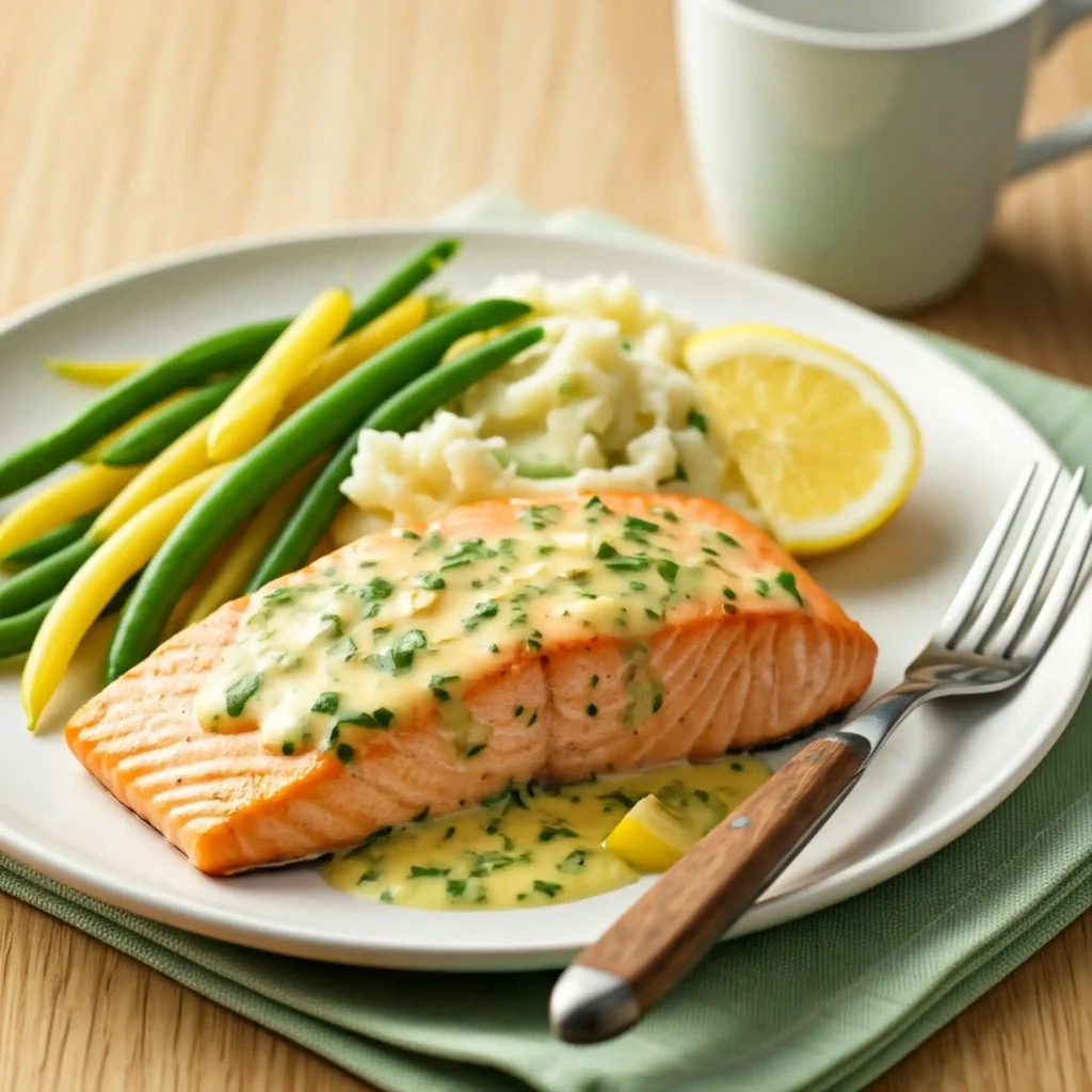 A plate of salmon topped with a lemon-garlic sauce, accompanied by mashed potatoes and green beans. A half-lemon is also present.