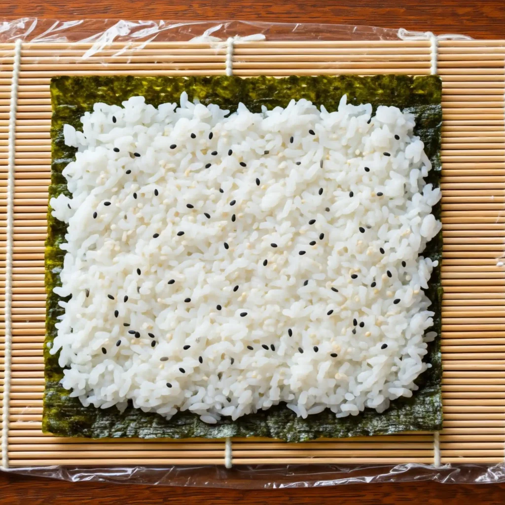 Next, cover your sushi mat with plastic wrap. This will simplify the cleanup process significantly.

Lay one sheet of toasted nori seaweed on the sushi mat.

Than, moisten your hands in a bowl of water, then take a handful of rice and start to distribute a thin, even layer of sushi rice over the seaweed.

Next, scatter toasted white sesame seeds along with black sesame seeds over the rice. After that, turn the entire sheet of seaweed over.