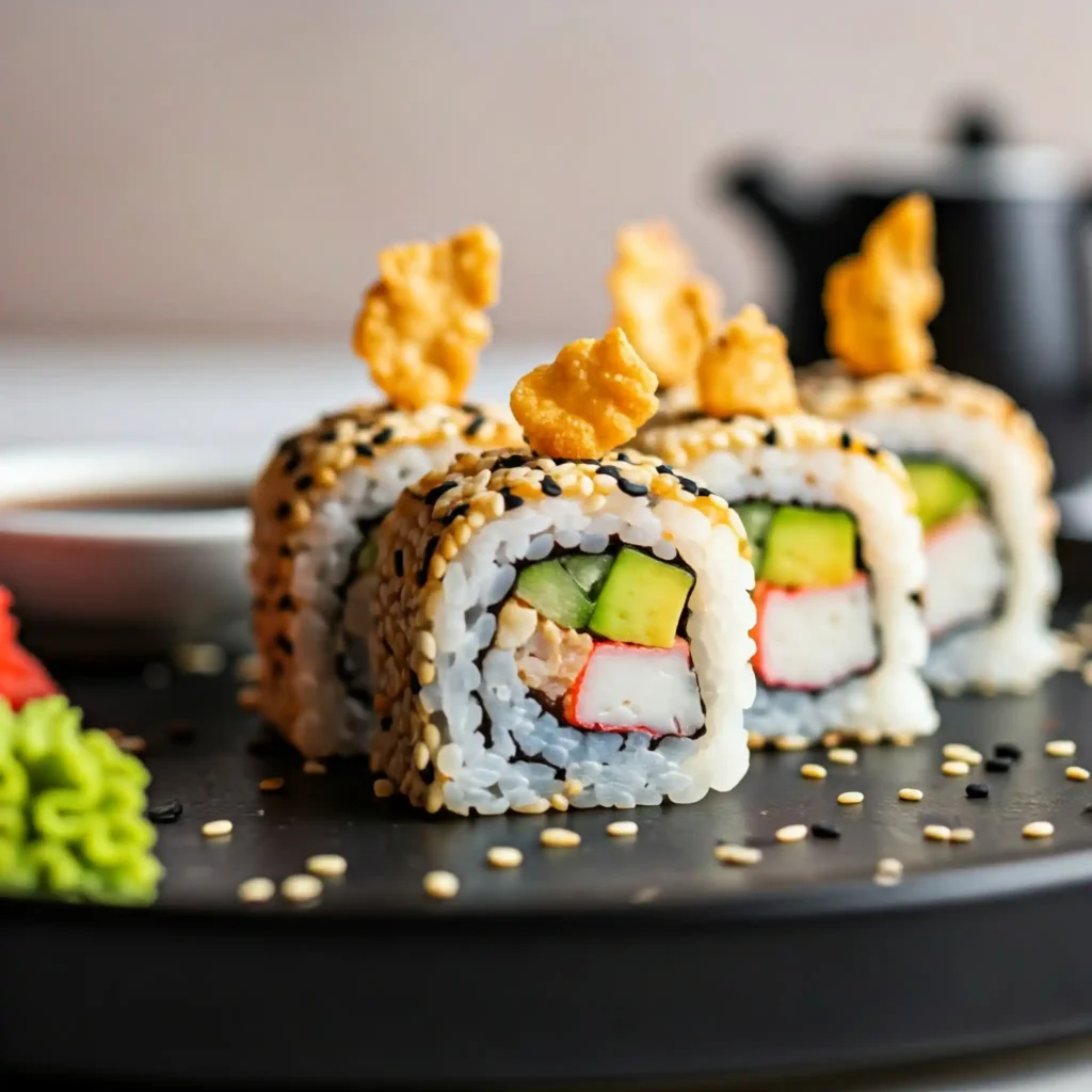 Next, place approximately 1 oz of the imitation crab meat mixture in the center of the seaweed, along with a few cucumber strips, two slices of avocado, and some crispy salmon skin strips.

At this point, things get a bit challenging. As you roll the nori using the sushi mat, gently press down on the filling inside. Continue to roll the sushi with the mat, ensuring that the roll remains snug.

Put the sushi roll on a cutting board and with a sharp, wet knife, slice the sushi into eight equal pieces. I typically wet the knife before making each cut.

Accompany it with soy sauce and wasabi.