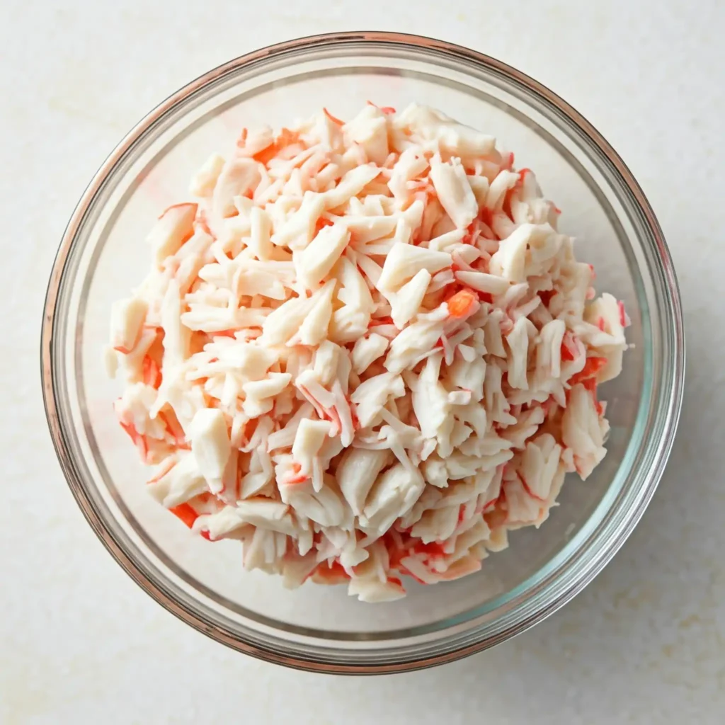 Dice 8 ounces of imitation crab meat and put it in a bowl. Combine it with 3 tablespoons of Kewpie Japanese mayonnaise, then set it aside.