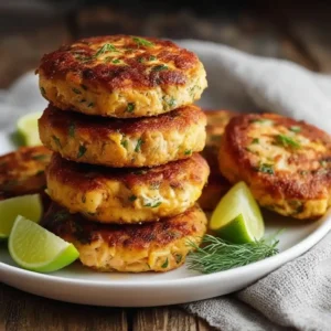 Close-up of crispy salmon patties stacked on a plate, surrounded by lime wedges and fresh dill on a rustic wooden table.