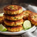 Old Fashioned Salmon Patties Recipe : Stack of golden-brown salmon patties garnished with fresh herbs, served on a white plate with lime wedges and dill.