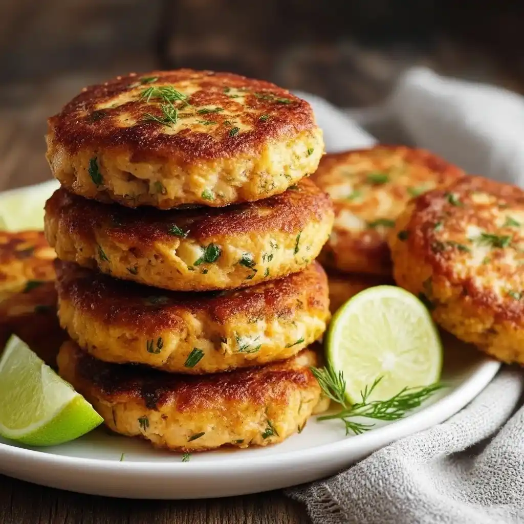 Old Fashioned Salmon Patties Recipe : Stack of golden-brown salmon patties garnished with fresh herbs, served on a white plate with lime wedges and dill.