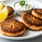 Old Fashioned Salmon Patties Recipe: A top-down view of four golden-brown salmon patties on a white plate, served with lemon wedges and a small bowl of creamy sauce garnished with parsley.
