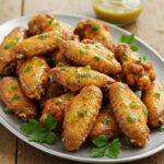 fried chicken wings using italian salad dressing recipe: A close-up, slightly overhead shot shows a platter of golden-brown chicken wings, arranged on a gray plate, topped with green herb garnishes and a glossy glaze. There's a small glass bowl of yellowish sauce visible in the background, with the wooden table surface showing as the backdrop.