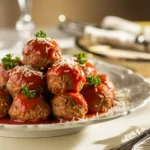 Wagyu Ground Beef Recipes : Elegant plate of Wagyu Beef Meatballs topped with rich marinara sauce, freshly grated parmesan, and garnished with parsley, served on a classic white dish.