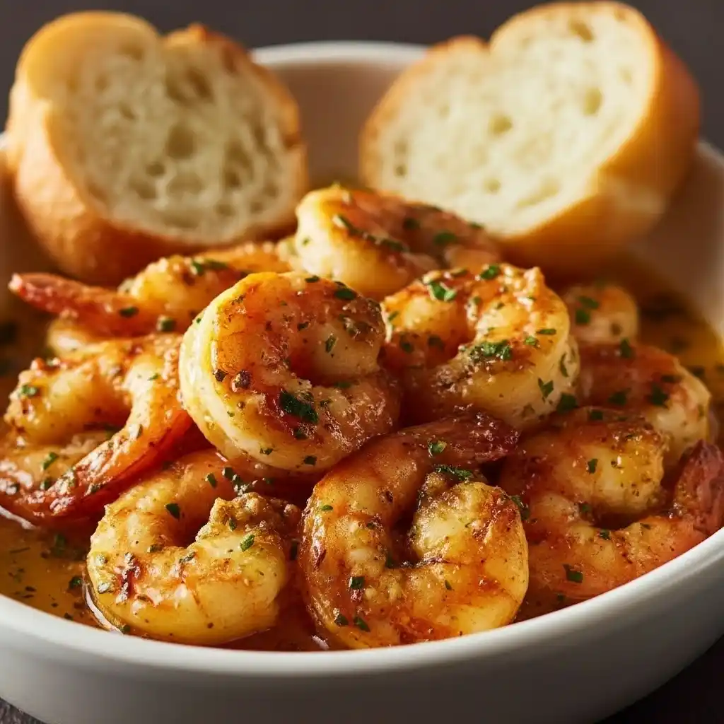 A bowl of juicy BBQ shrimp garnished with herbs, served with slices of crusty French bread.