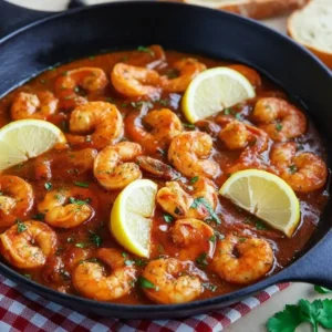 Cast iron pan filled with BBQ shrimp in savory sauce, garnished with fresh parsley and lemon wedges.