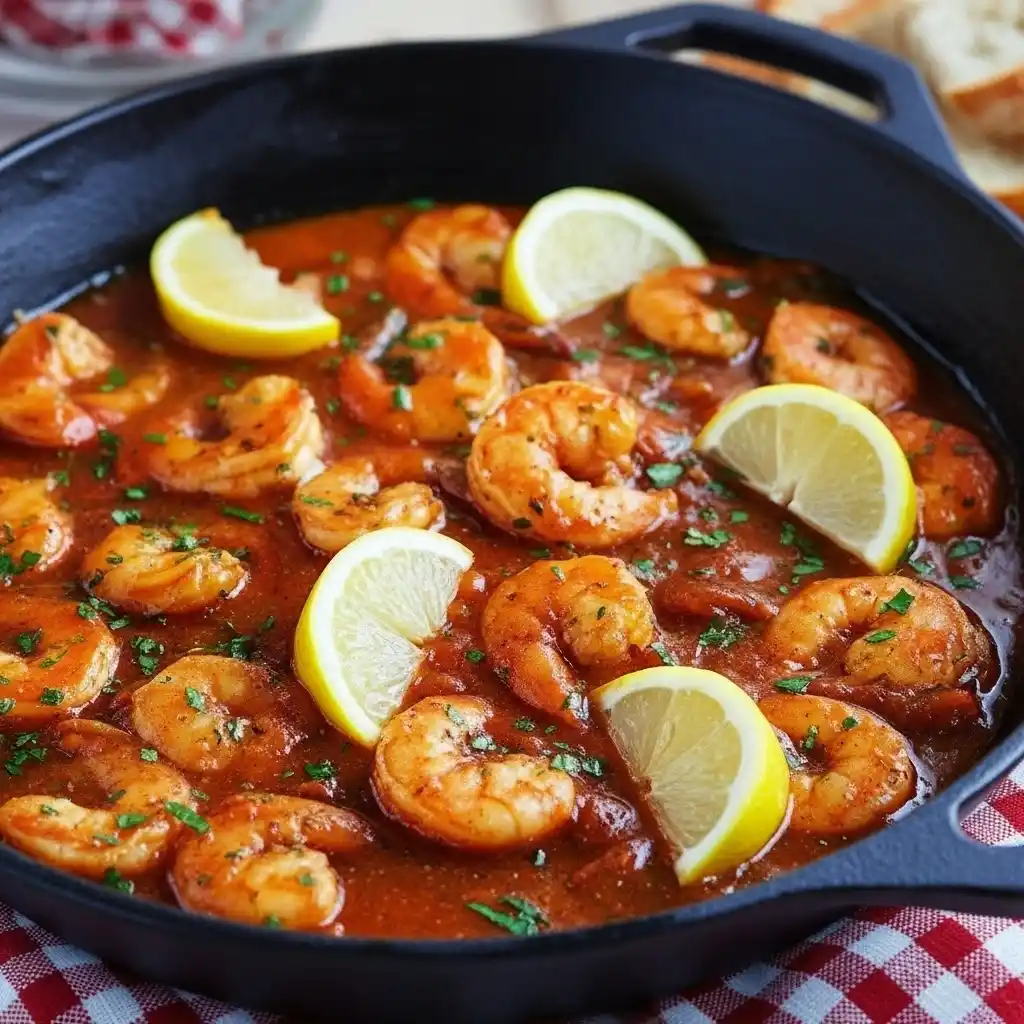 Cast iron pan filled with BBQ shrimp in savory sauce, garnished with fresh parsley and lemon wedges.