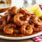 Plate of saucy BBQ shrimp topped with herbs, served with lemon wedges and bread in the background.