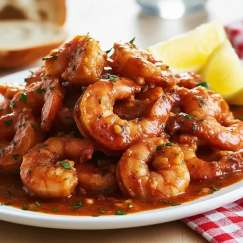 Plate of saucy BBQ shrimp topped with herbs, served with lemon wedges and bread in the background.