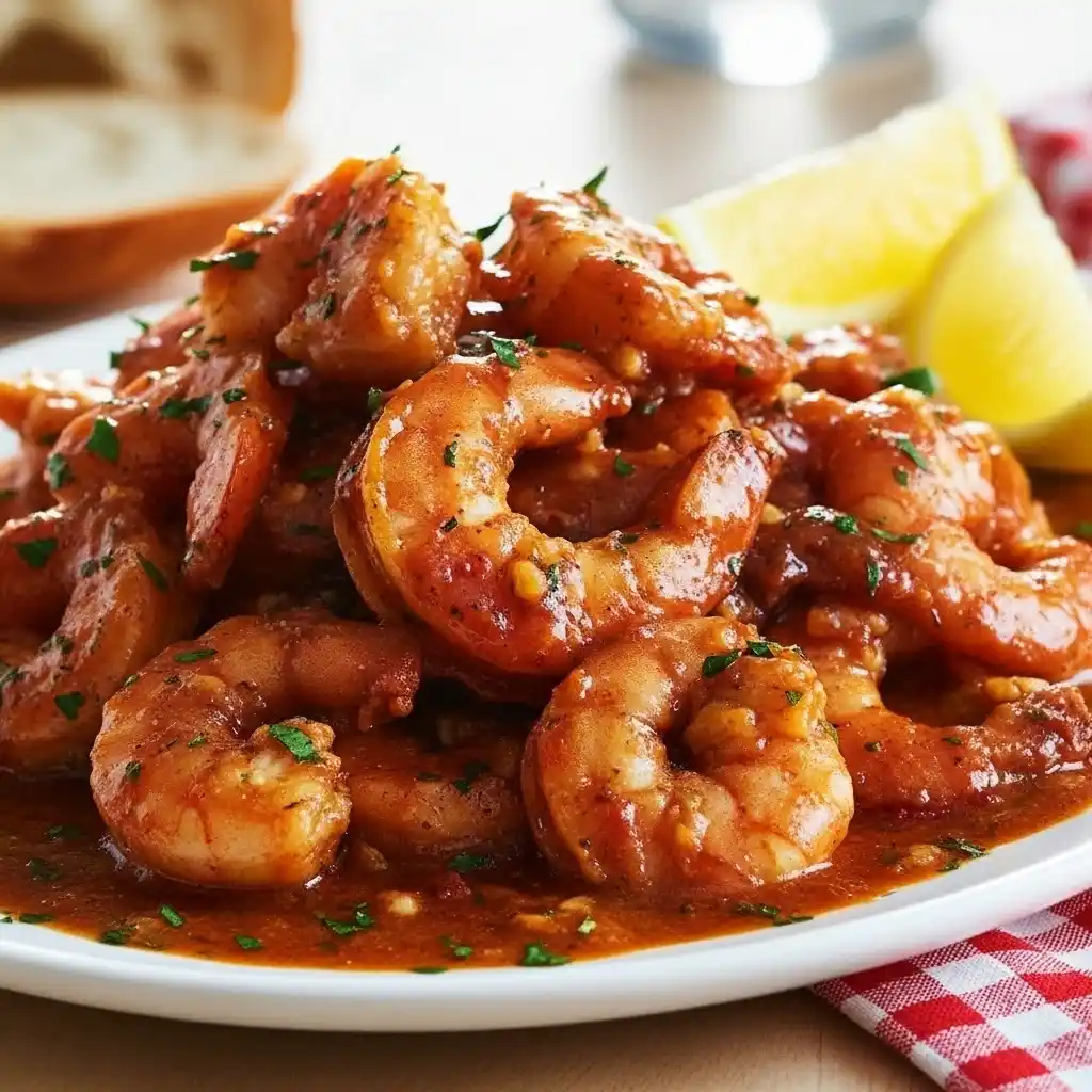 Plate of saucy BBQ shrimp topped with herbs, served with lemon wedges and bread in the background.