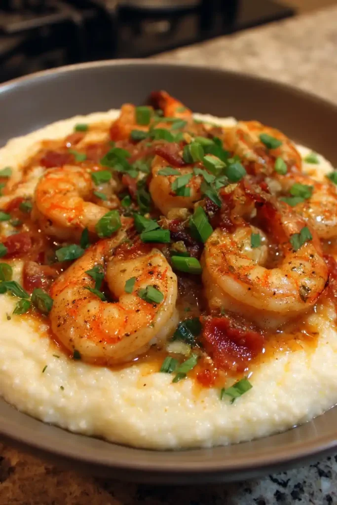 Southern-style shrimp and grits topped with sautéed shrimp, crispy bacon, and fresh green onions in a savory sauce.