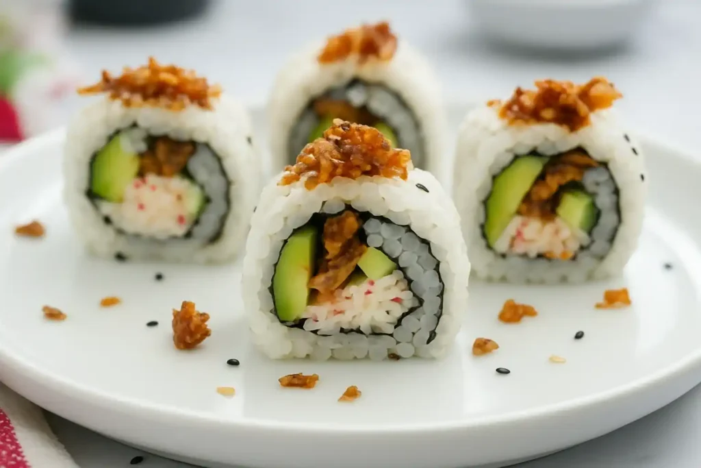 salmon-skin-roll Plate of four sushi rolls topped with crispy salmon skin, filled with avocado, cucumber, and imitation crab, arranged neatly on a white dish.