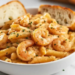 A close-up of creamy Marry Me Shrimp Pasta made with penne, tossed in a rich orange sauce with shrimp and red pepper pieces, garnished with herbs, and served with a slice of rustic bread.