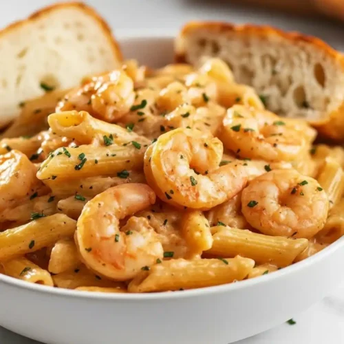 A close-up of creamy Marry Me Shrimp Pasta made with penne, tossed in a rich orange sauce with shrimp and red pepper pieces, garnished with herbs, and served with a slice of rustic bread.