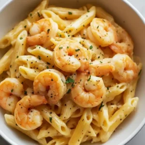Bowl of creamy Marry Me Shrimp Pasta with penne and shrimp, sprinkled with parsley and cracked black pepper.