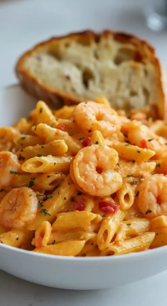 A close-up of creamy Marry Me Shrimp Pasta made with penne, tossed in a rich orange sauce with shrimp and red pepper pieces, garnished with herbs, and served with a slice of rustic bread.