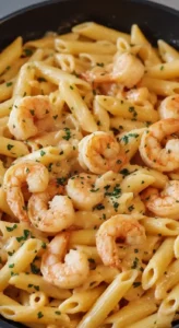 Skillet of creamy Marry Me Shrimp Pasta with penne, juicy shrimp, and parsley in a white-orange sauce.