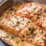 Marry Me Salmon Recipe – close-up of salmon fillets in a creamy garlic Parmesan sauce with sun-dried tomatoes, garnished with parsley in a skillet.
