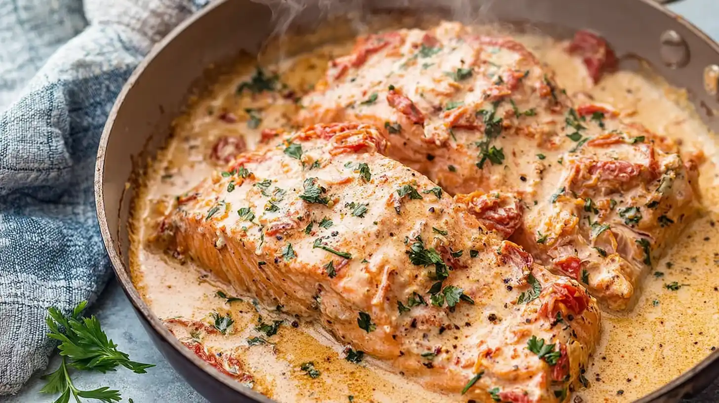 Marry Me Salmon Recipe – close-up of salmon fillets in a creamy garlic Parmesan sauce with sun-dried tomatoes, garnished with parsley in a skillet.