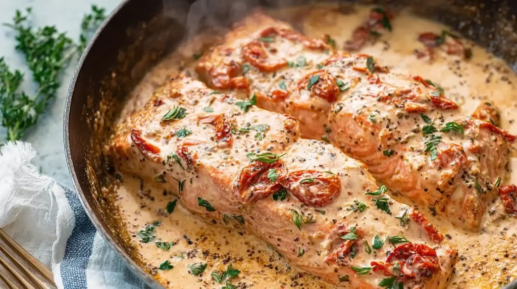 Marry Me Salmon Recipe with two salmon fillets simmering in creamy Parmesan sauce with sun-dried tomatoes and herbs in a skillet.