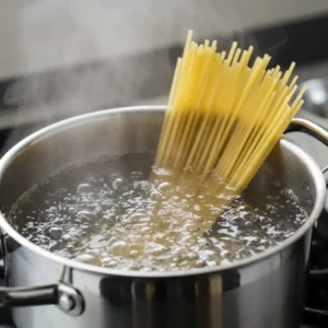 A bundle of uncooked spaghetti being added to a pot of boiling water, with steam rising, as part of the preparation for shrimp scampi pasta