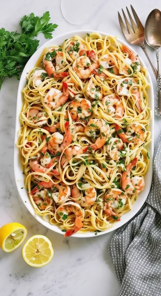 Large white serving dish filled with shrimp scampi pasta, topped with parsley and lemon, with fresh herbs and cut lemons on the side.