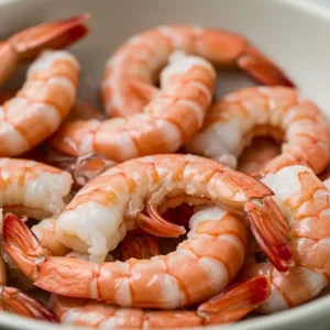 Close-up of freshly cooked shrimp with a vibrant orange and white color, slightly curled, and glistening with moisture, prepared for a shrimp scampi pasta recipe