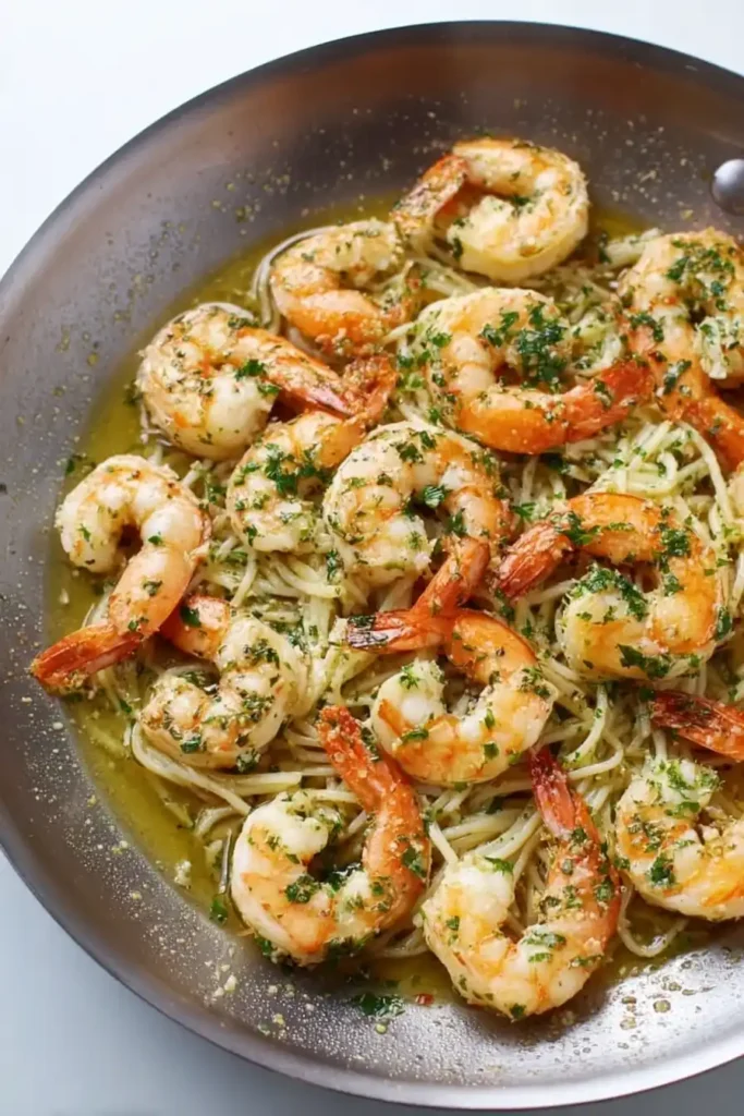 Shrimp scampi served over a bed of pasta in a skillet, topped with parsley.