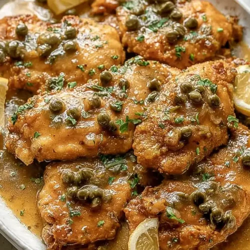 Chicken piccata served on a platter with lemon slices and silver cutlery.