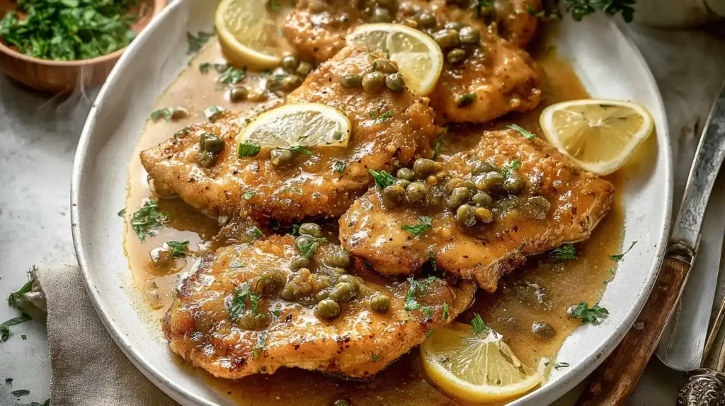 Golden brown chicken piccata fillets topped with briny capers and lemon slices on a white serving platter.