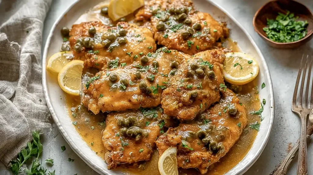 Chicken piccata with capers and lemon wedges on a rustic platter.