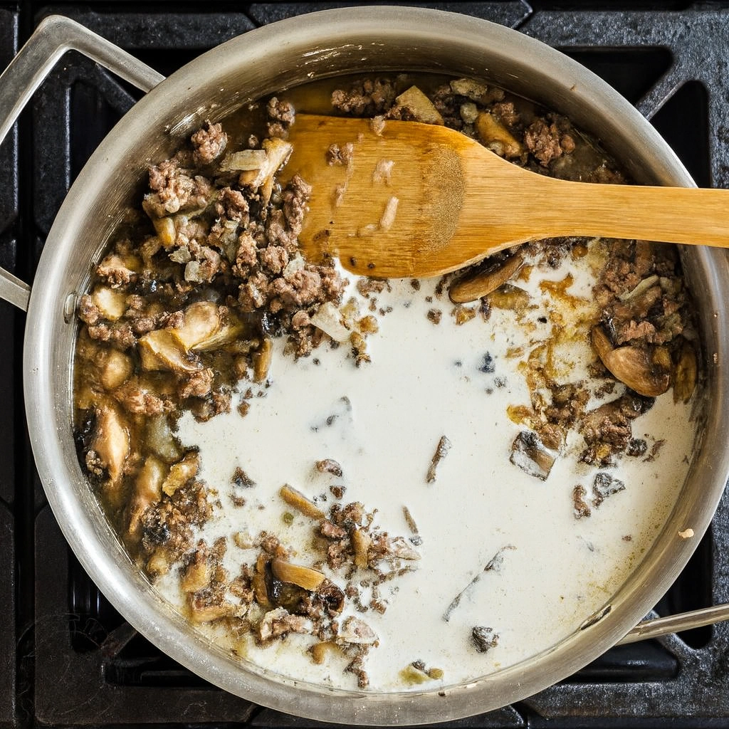 Ground beef stroganoff sauce with mushrooms simmering in a skillet