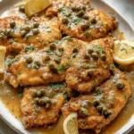Overhead shot of Crock Pot chicken piccata with capers and lemon slices on a white dish.