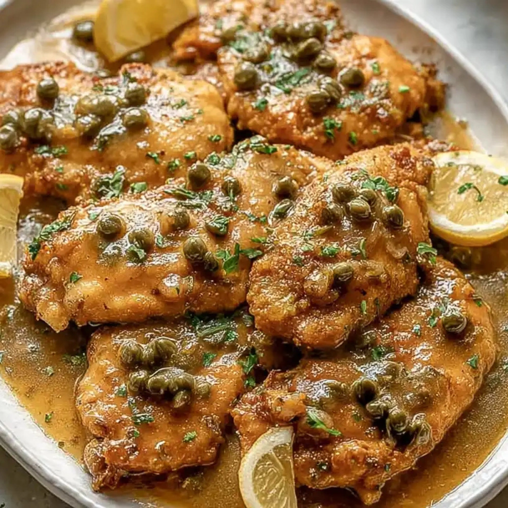 Overhead shot of Crock Pot chicken piccata with capers and lemon slices on a white dish.