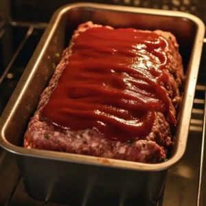 A rectangular Kobe beef meatloaf in a metal baking pan topped with ketchup, baking in the oven.