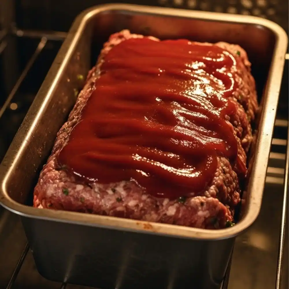 A rectangular Kobe beef meatloaf in a metal baking pan topped with ketchup, baking in the oven.