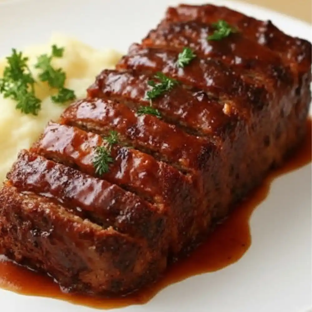 A cooked and sliced Kobe beef meatloaf on a plate, glazed and garnished with parsley, served with mashed potatoes.