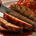 A close-up of a knife slicing through a juicy glazed meatloaf, revealing the moist interior.