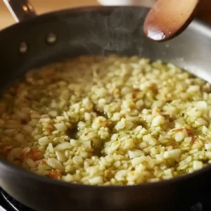 Chopped onions sizzling in oil in a frying pan, being prepared for the Kobe meatloaf recipe.