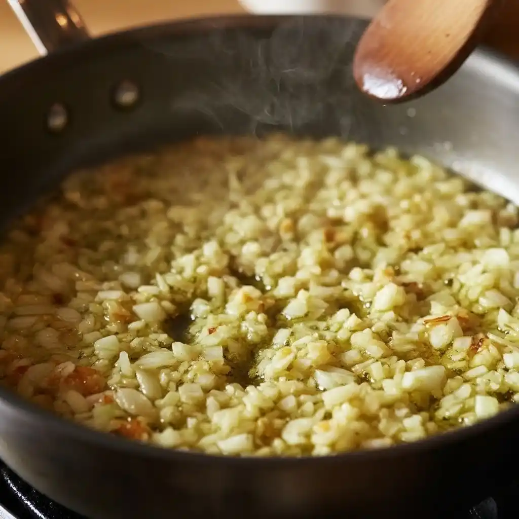 Chopped onions sizzling in oil in a frying pan, being prepared for the Kobe meatloaf recipe.