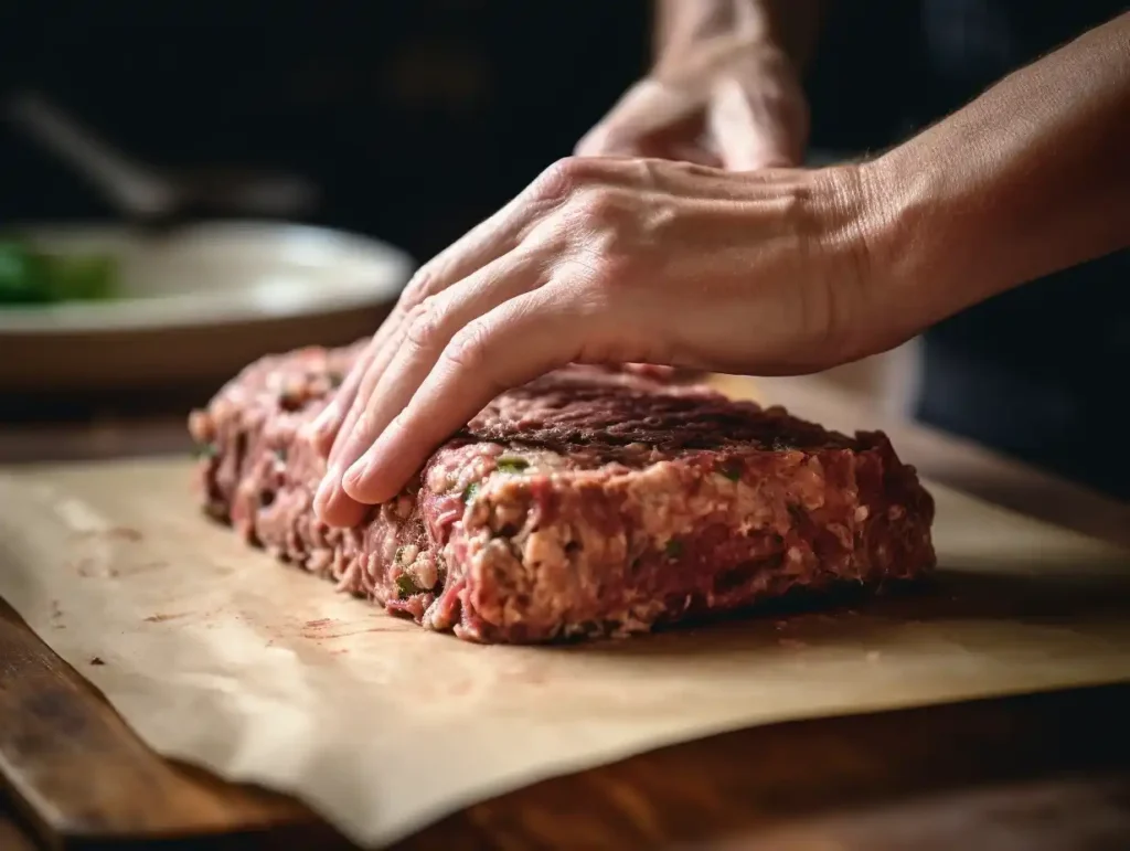Hands shaping raw ground Kobe meatloaf mixture into a loaf on parchment paper.