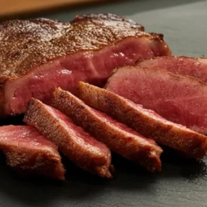 Seared Kobe beef steak sliced medium-rare, with a brown crust and pink juicy center.