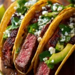 Close-up of Kobe beef tacos with medium-rare steak slices, avocado, cilantro, Cotija cheese, onion, and jalapeño in corn tortillas, served with lime wedges.