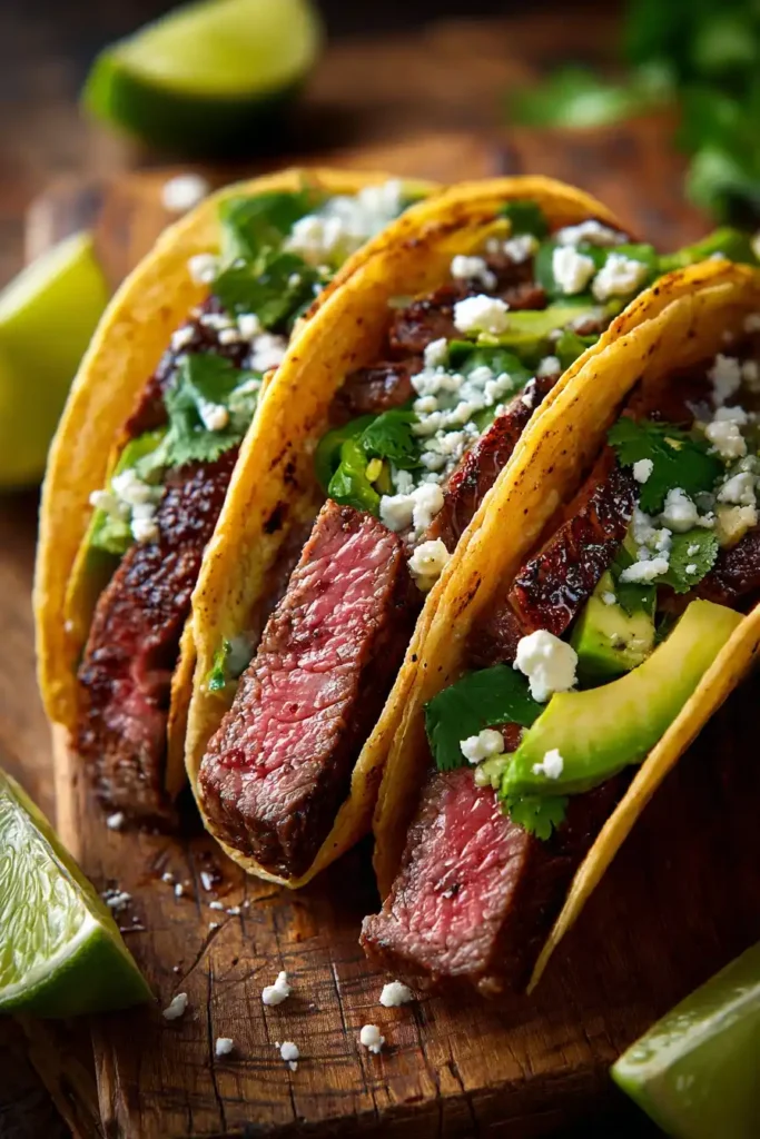 Street-style Kobe beef tacos with medium-rare Wagyu steak, jalapeño, cilantro, onion, Cotija cheese, and lime wedges.