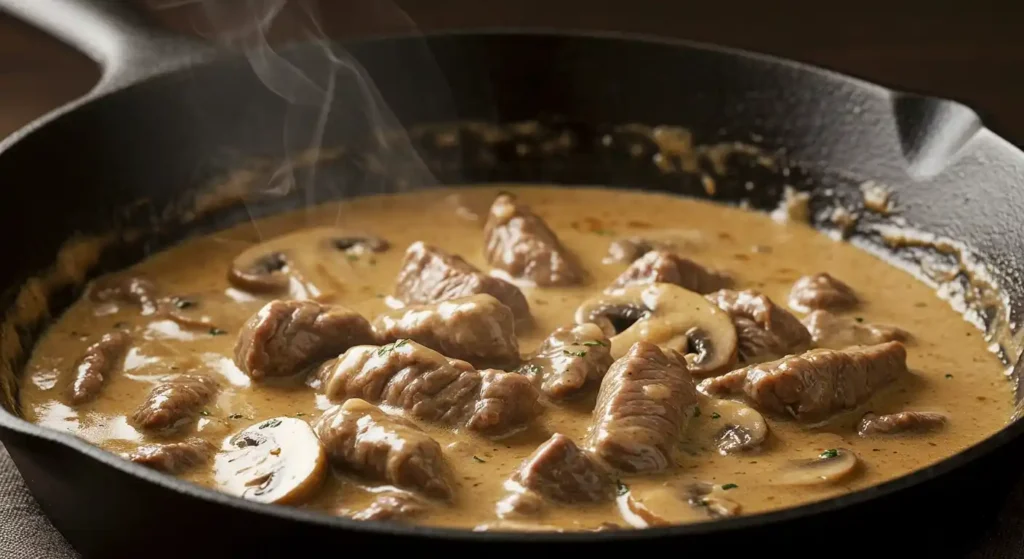One Pot Beef Stroganoff Recipe cooking in a skillet with creamy mushroom sauce and tender beef strips.